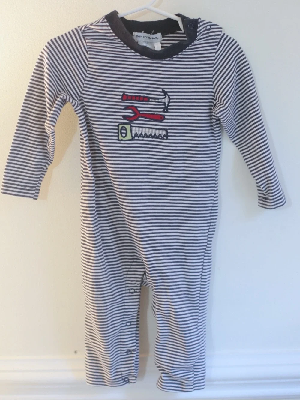 Tara Collection 12M Navy Stripe Tool Embroidered Long Sleeve Romper
